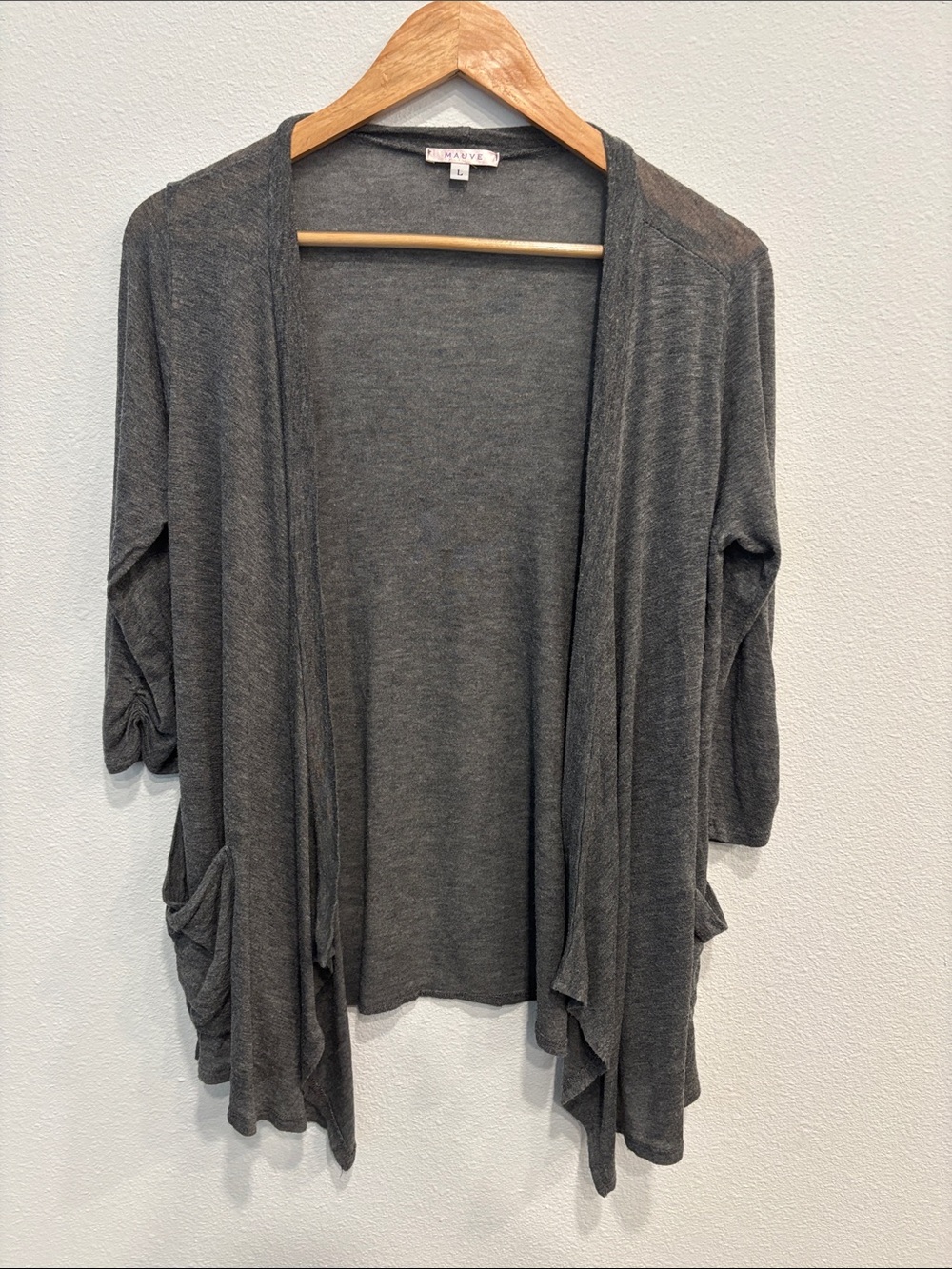Mauve Charcoal Gray Open-Front Draped Cardigan